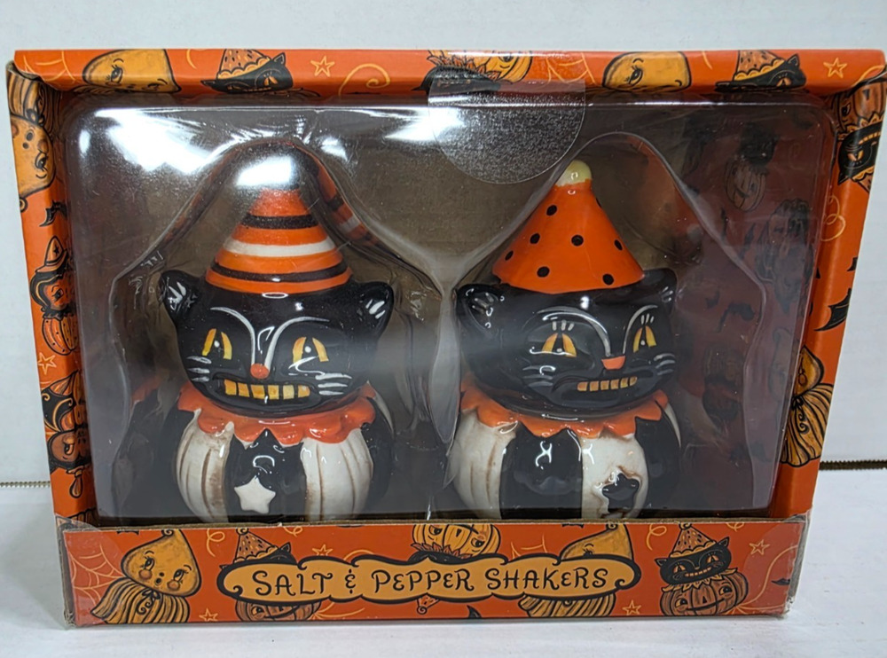 Johanna Parker Halloween Salt & Pepper Shakers Black Cat Clown Pumpkin Set NEW